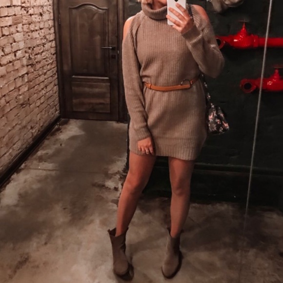 Tan Cold Shoulder Knit Turtleneck Sweater Dress - Picture 4 of 7